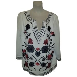NY & CO 7th AVE DESIGN STUDIO; Women's White Blouse Embroidered Flowers, Sz XL